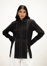 A Model Wearing Black Poplin Black Poplin Shirt With Top Stitch Detail, curated by Only Ethikal